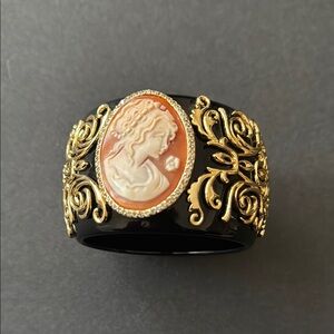 Amedeo NYC Black & Gold Cameo Vintage Bangle Bracelet Cuff w/ Swarovski Crystals